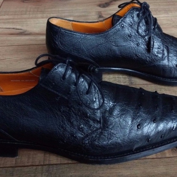 Mezlan Platinum Ostrich Leather Oxfords Dress Shoes Size 8 M Black Valens Exotic - Picture 7 of 8